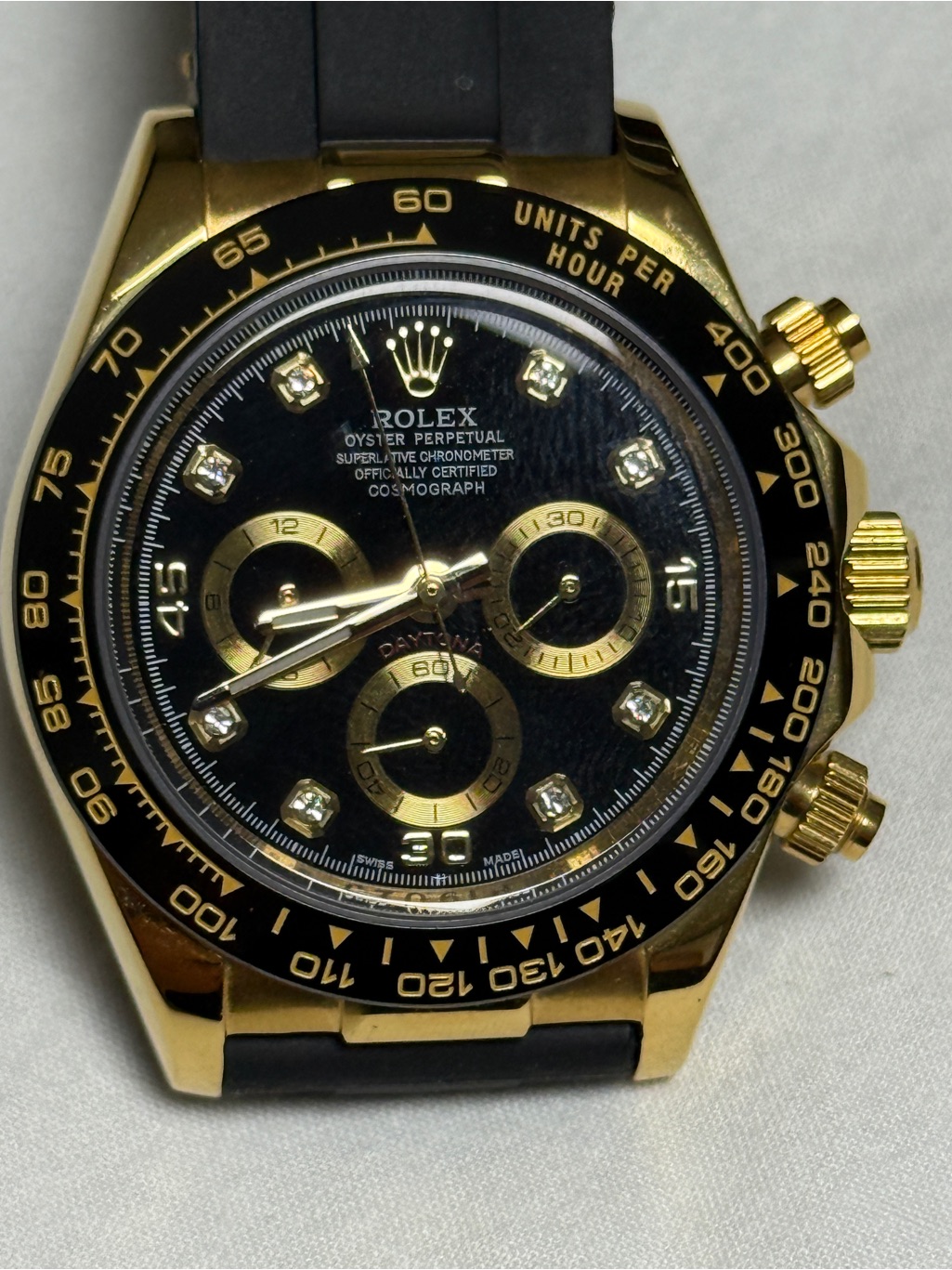 Rolex Black And Gold Chronograph Watch With Diamond Markers